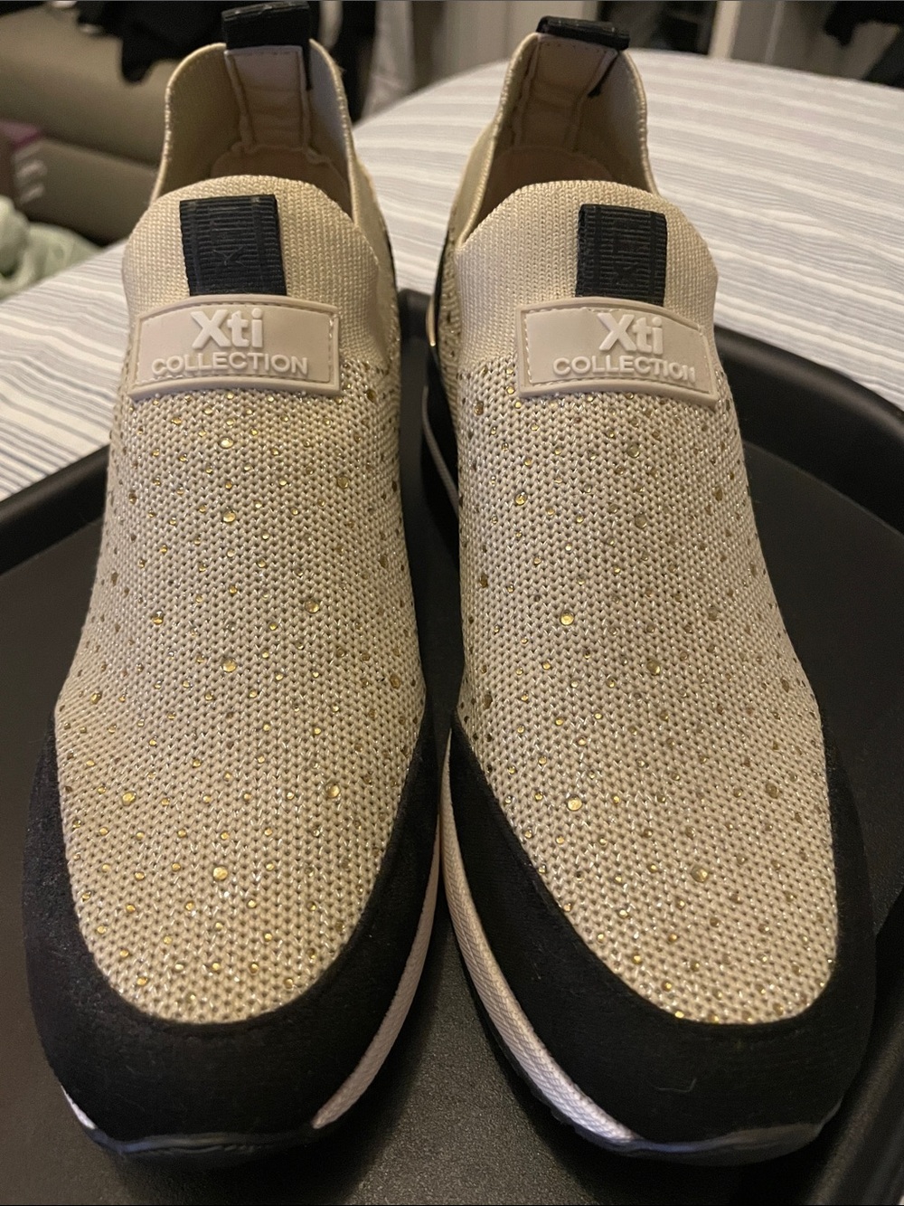 XTI Slip-On Knit Sneakers in Beige with Black Trim Size 37 / 6.5